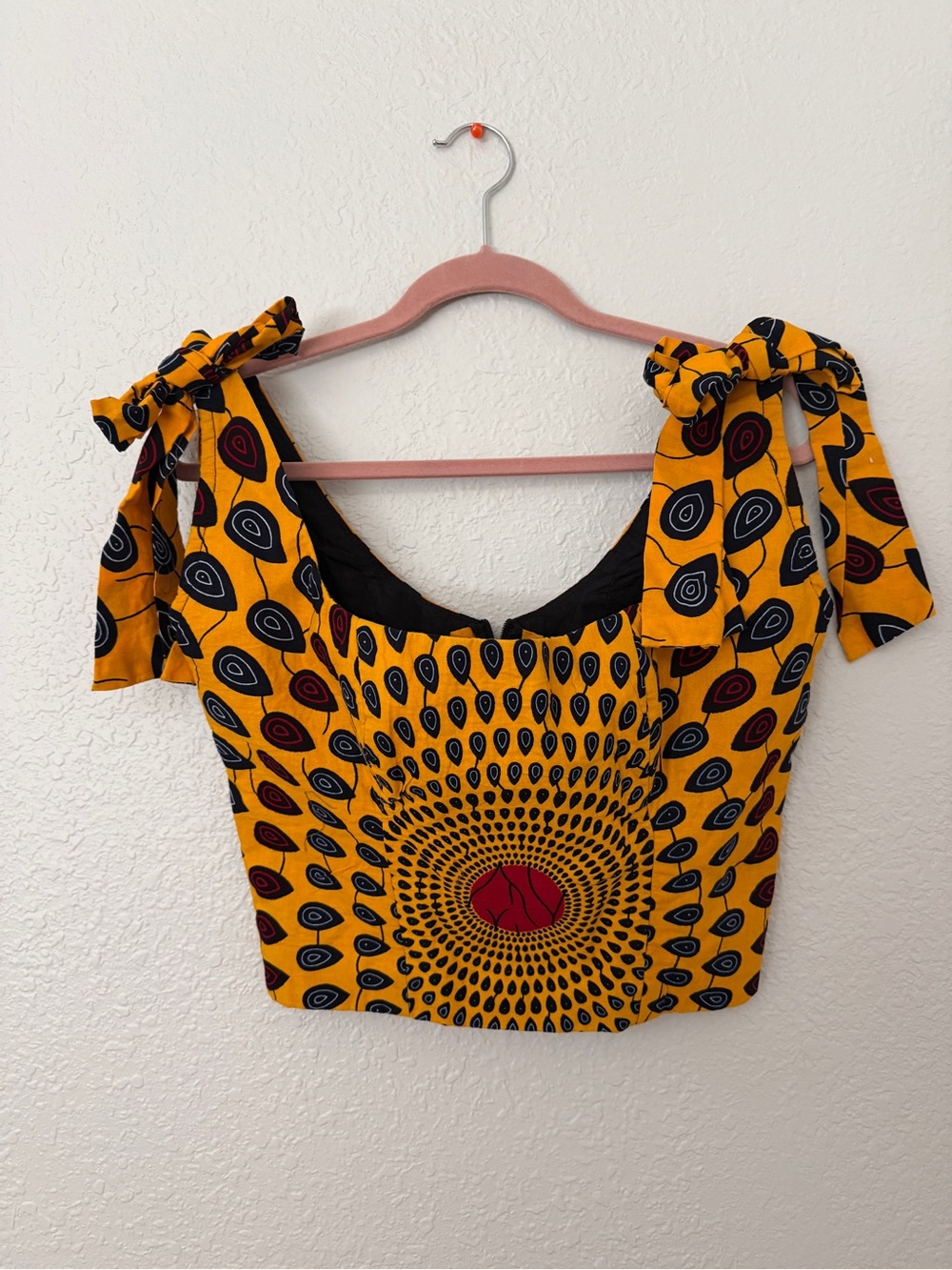Yellow Ethnic Patterned Fitted Crop Top with Bows